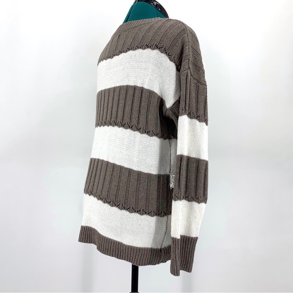 MISSLOOK Taupe and Cream Striped Long Sleeve Sweater with Lace Accents, Medium - Picture 9 of 15